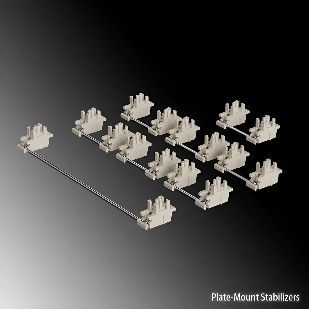 Keyboard stabiliser shaft accessories showing black and milky white options with different satellite axis sizes