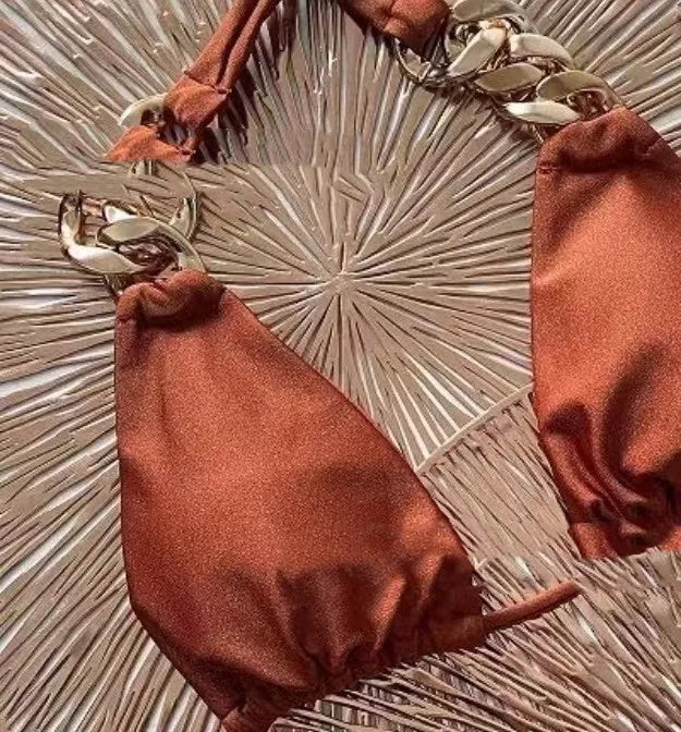 Brown tube top push up bikini swimsuit with split style design for women's swimming