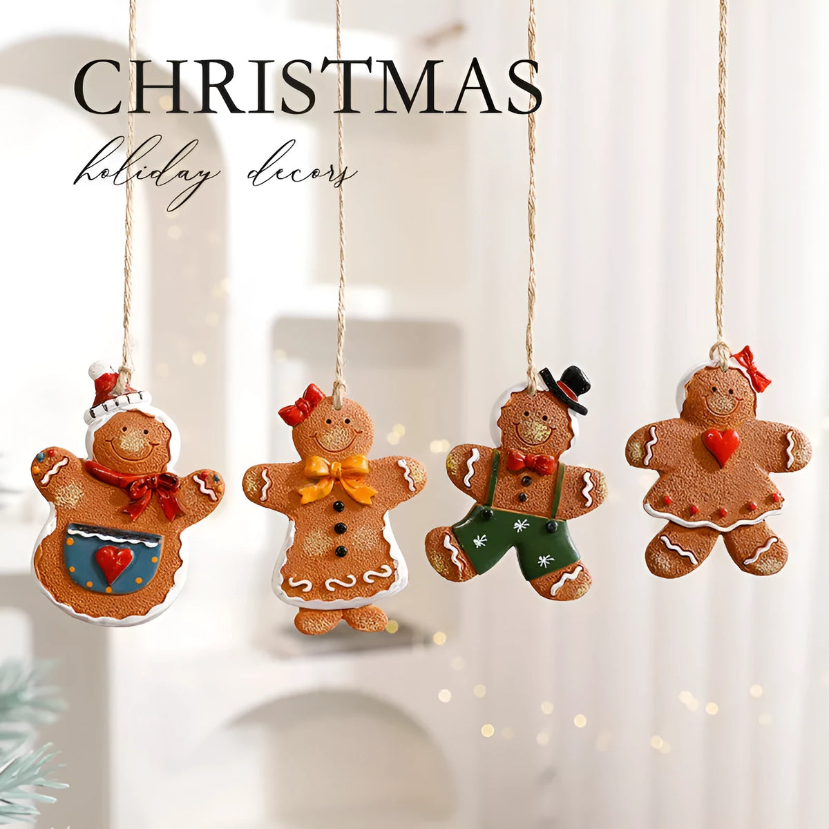 Small resin Christmas pendant ornament biscuit man figure with love motif on festive tree
