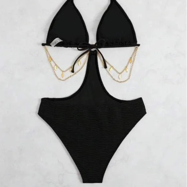 Women's black polyester bikini swimsuit with chain trim detailing showing triangle top and cheeky bottom design