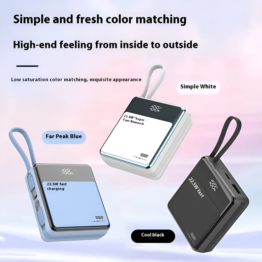 Super fast charge power bank 10000mAh with cable in black plastic shell