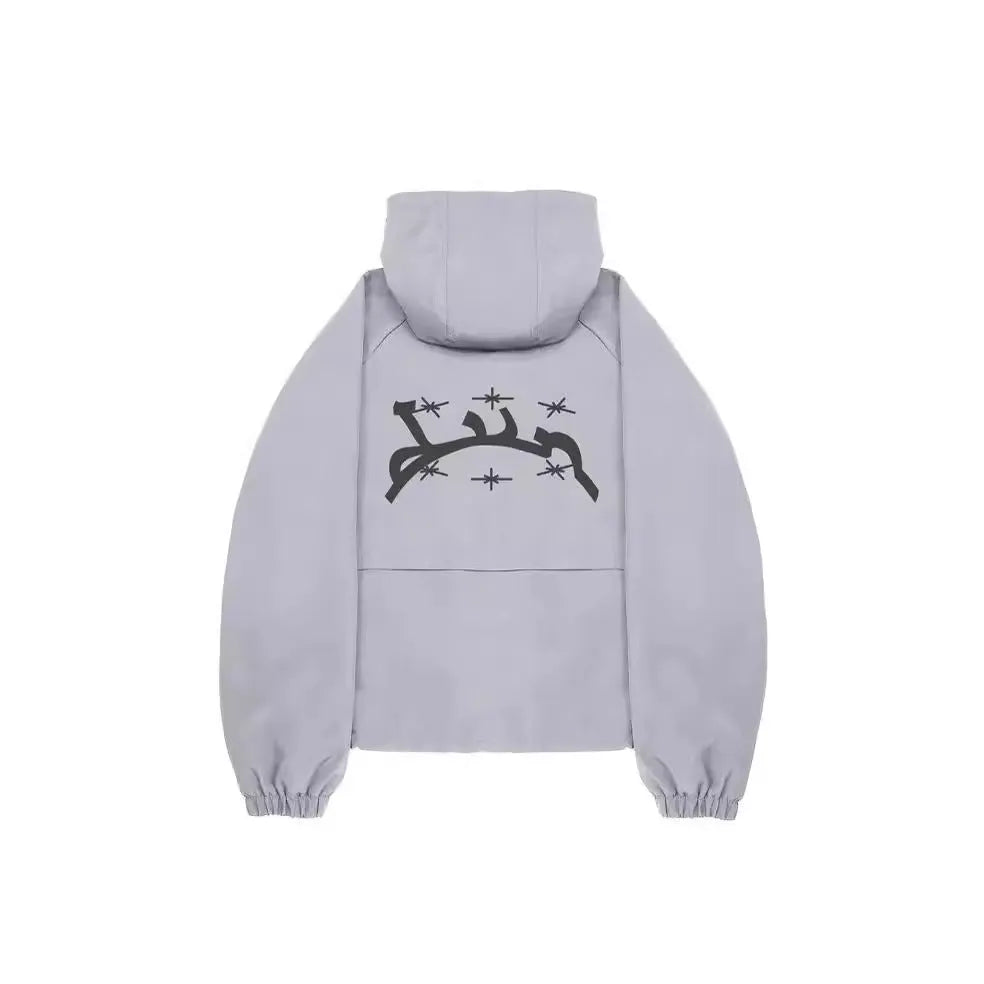 Men's grey loose fit hooded sunscreen jacket with UK styling on mannequin