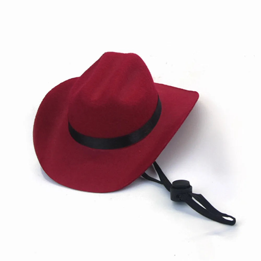 A brown adjustable cowboy hat for a small dog or cat on a white background.