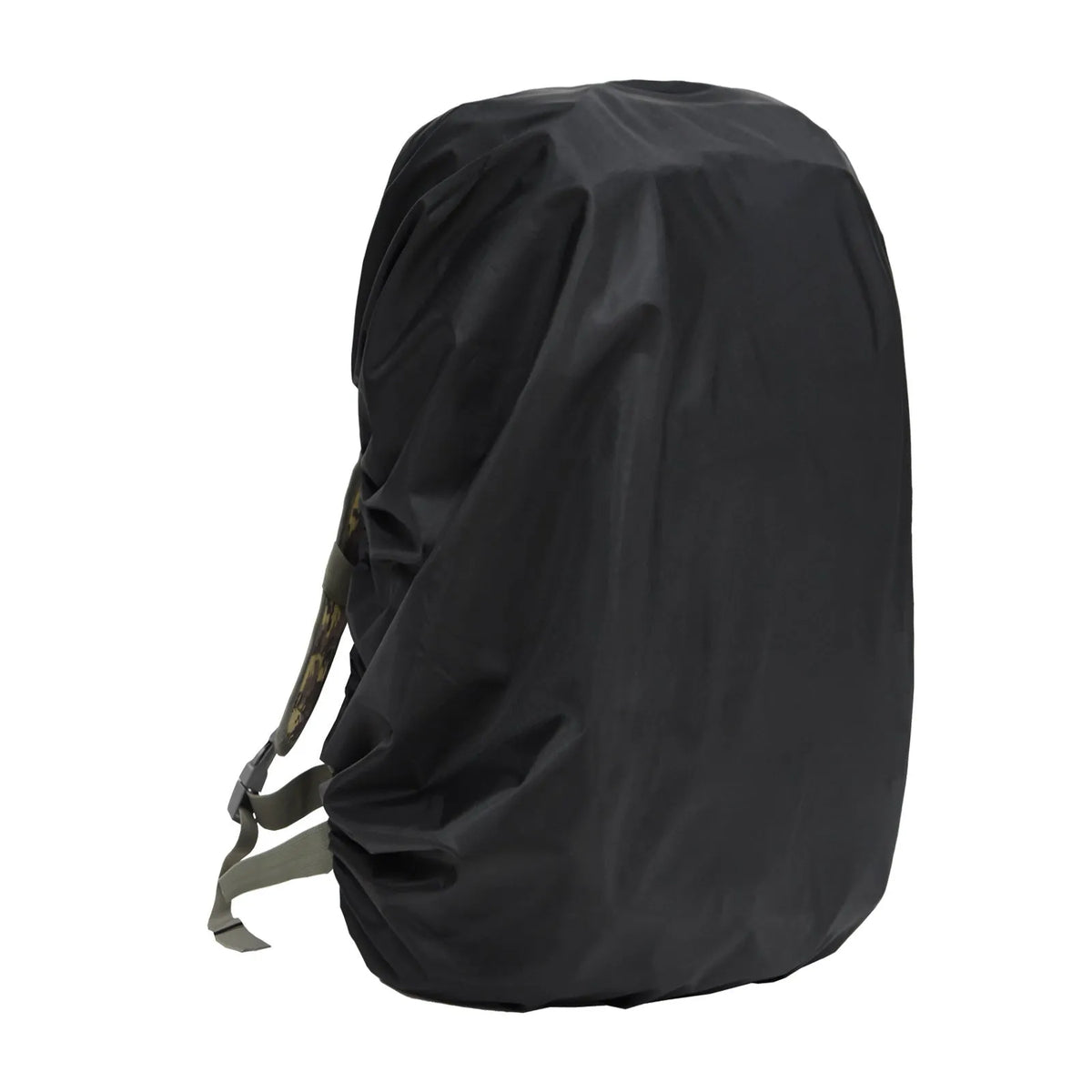 Waterproof PU backpack rain cover in army green, shown fitted over a large hiking rucksack.