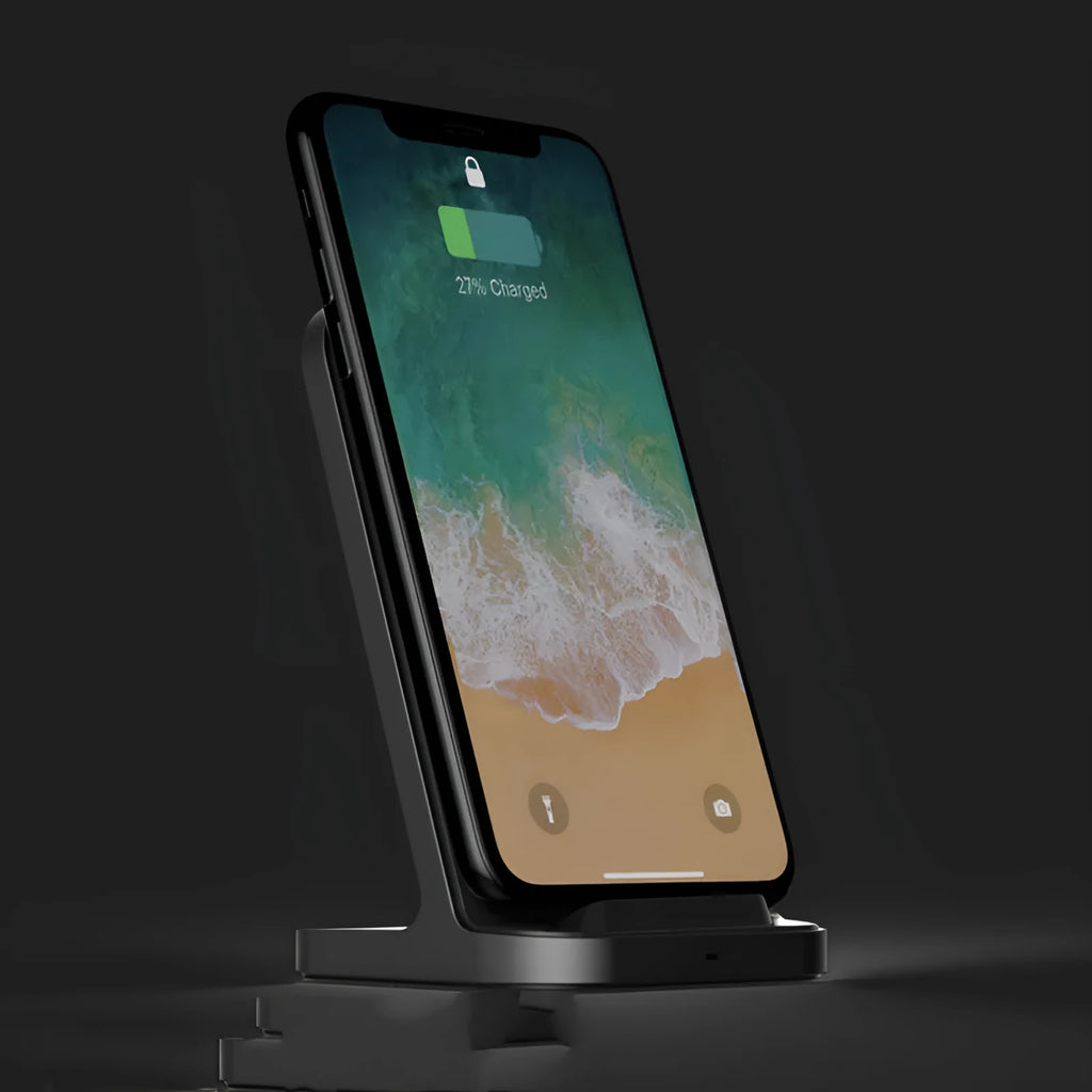 Dark grey vertical wireless charging base for Apple iPhone models with 10W output