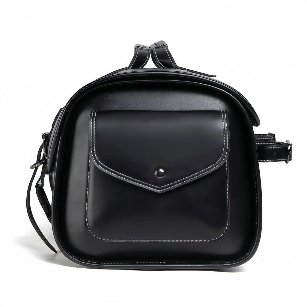 Dark punk style PU leather motorcycle side bag with lockable zippers.