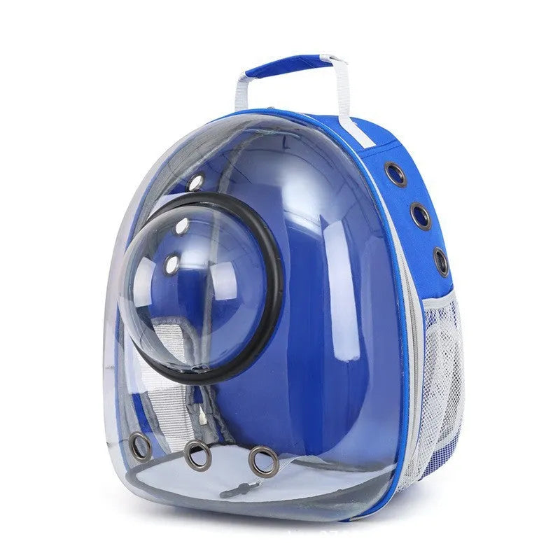 Grey astronaut dome-shaped cat carrier bag with a side opening for pet access.