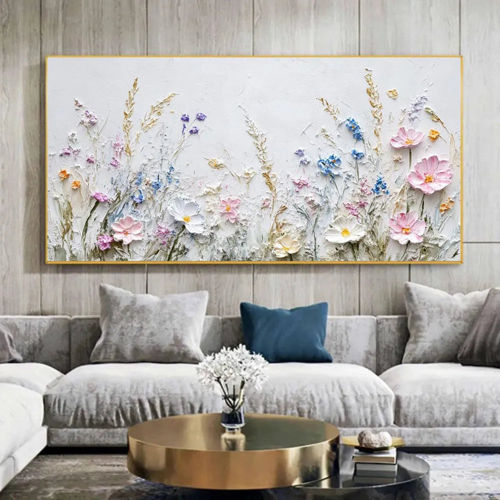 Handmade oil painting canvas wall art with 3D palette knife flowers, modern horizontal design, frameless and unstretched
