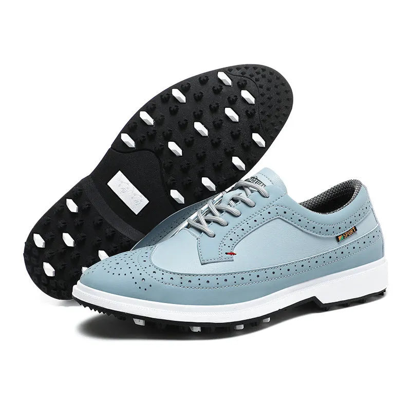 Men's lightweight golf shoes in Lake Blue with a genuine leather upper and rubber outsole.
