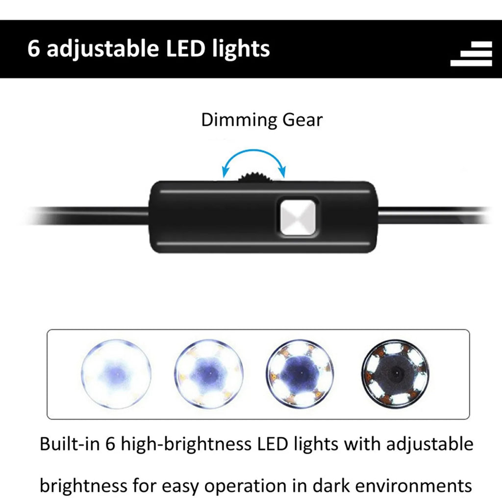 USB-C Android endoscope inspection camera with side mirror, hook and magnet attachments on flexible cable