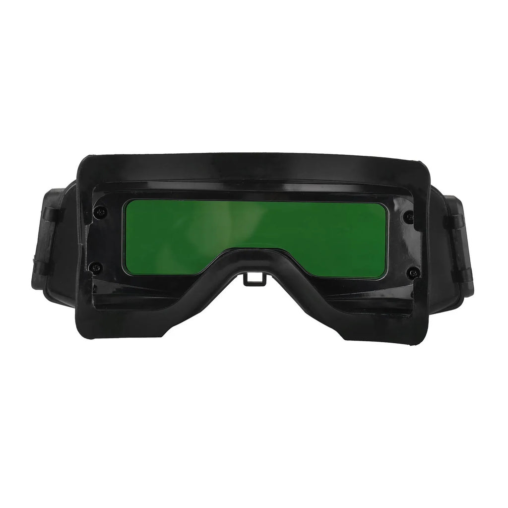 Black automatic darkening welding mask with a large rectangular viewing lens.