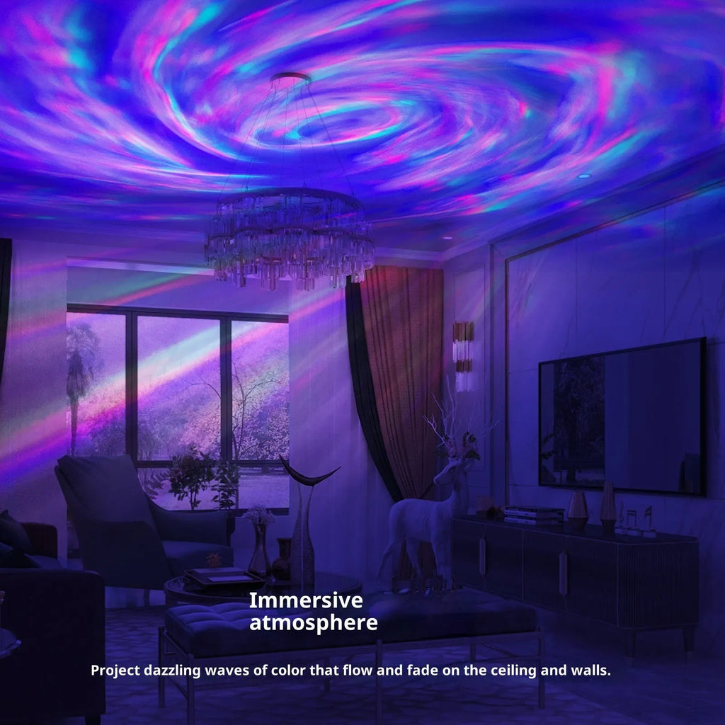 Northern lights projection lamp with remote control, showing aurora and flame effect, 3W, plug-in or rechargeable.