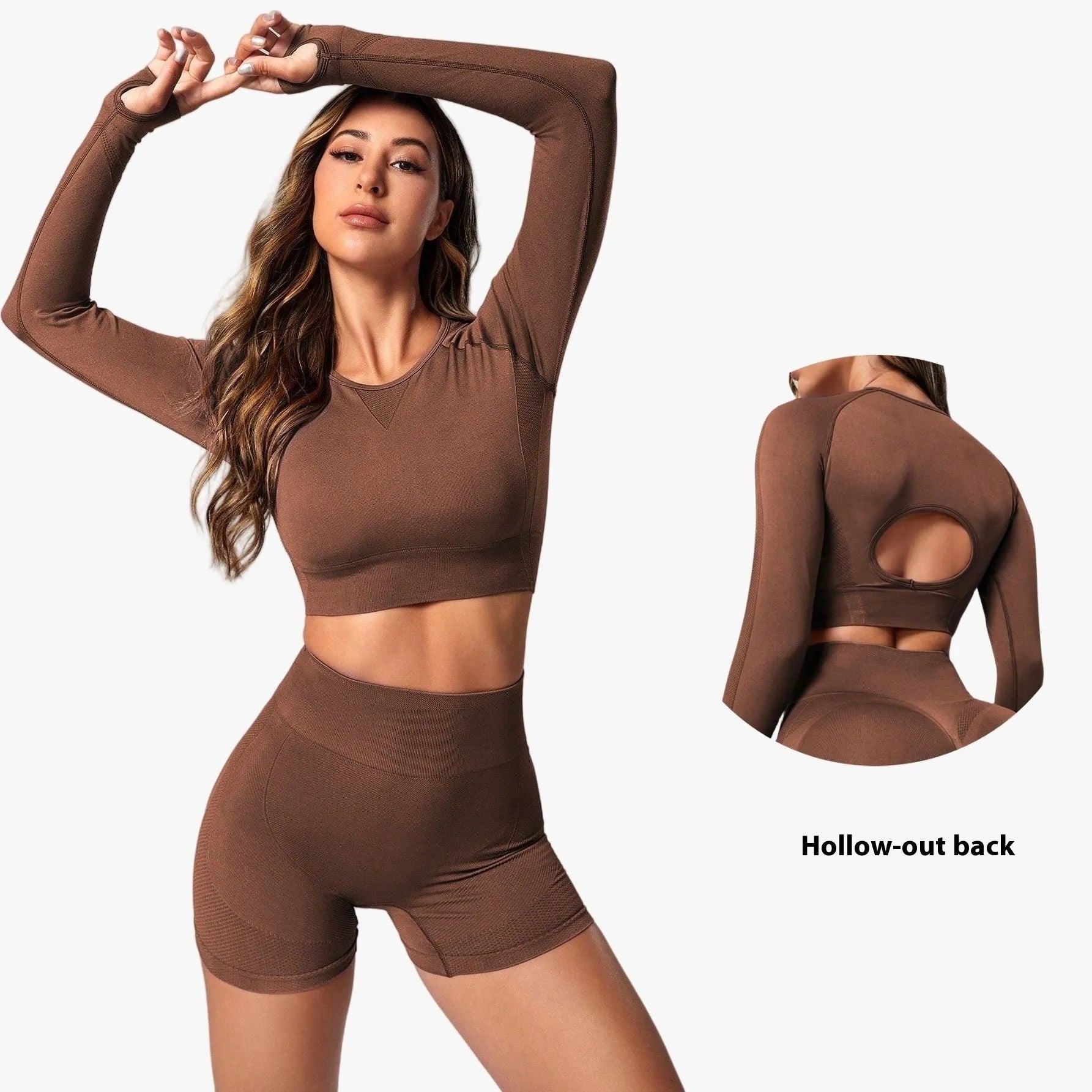 Women's black yoga suit set with long sleeve top and high-waist tight leggings laid flat.