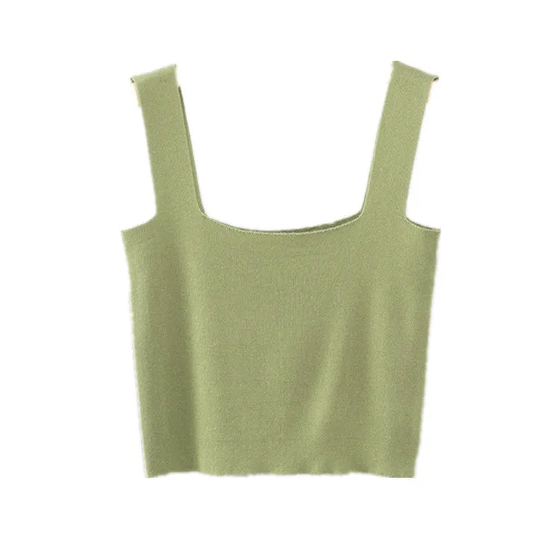 Short square-neck knitted camisole vest in mercerised cotton, slim fit, solid colour, women's innerwear top