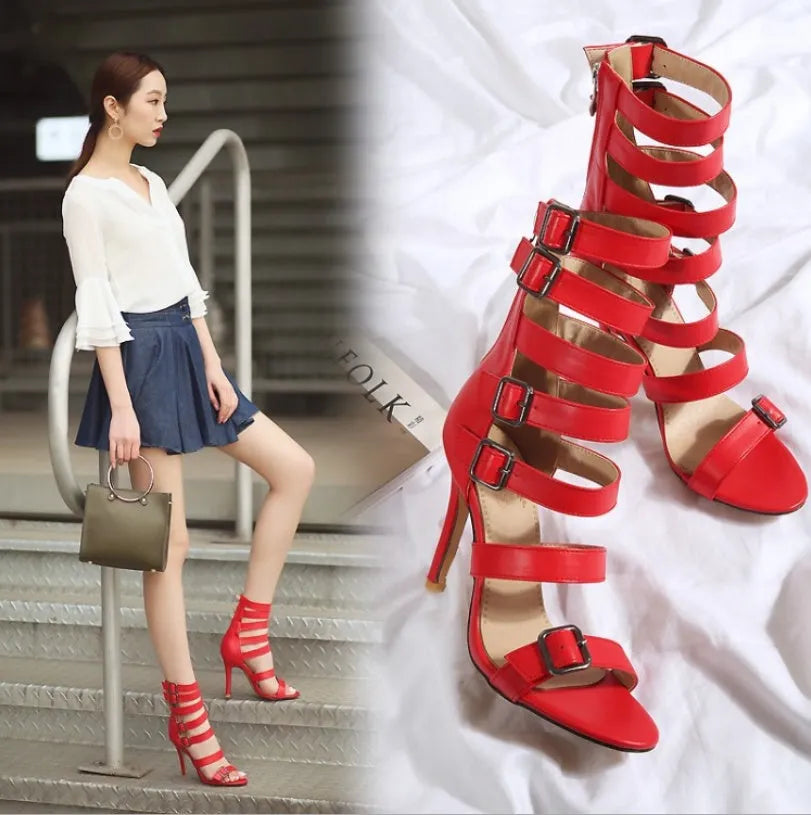 British high tube high heel sandals for women with belt buckle, Black colour