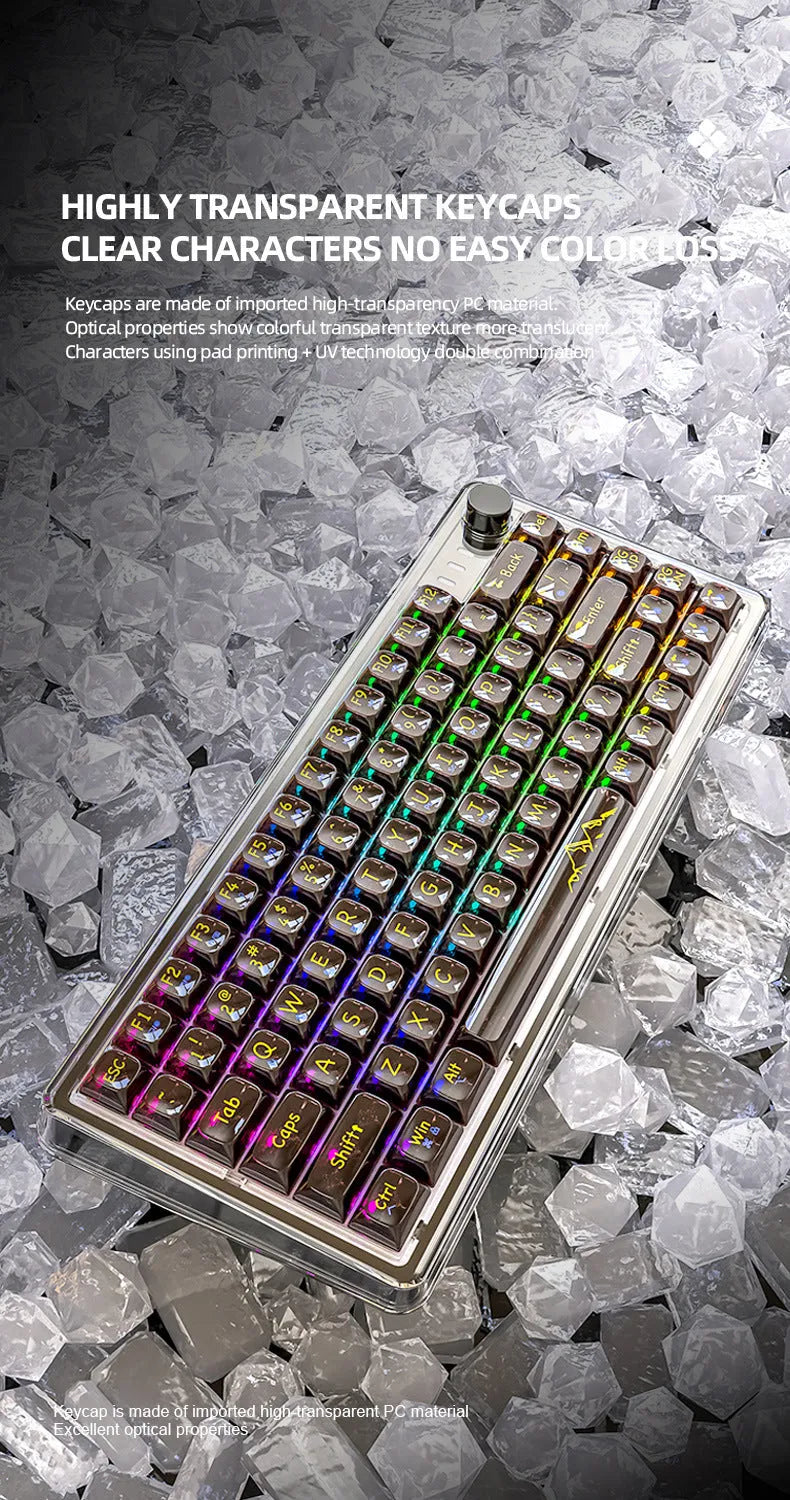 Attack Shark K75RGB white transparent wireless mechanical keyboard with RGB lighting on a desk