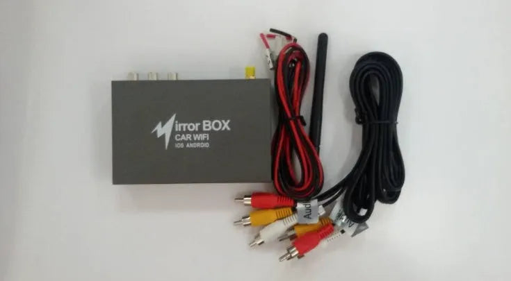Car mirror link box with power cable, antenna and AV cables for smartphone screen mirroring