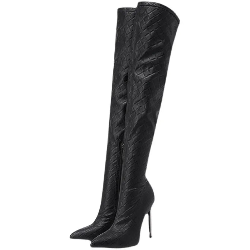 Black PU over the knee boots with stiletto heel, side zipper, plaid pattern, women's size 35-42