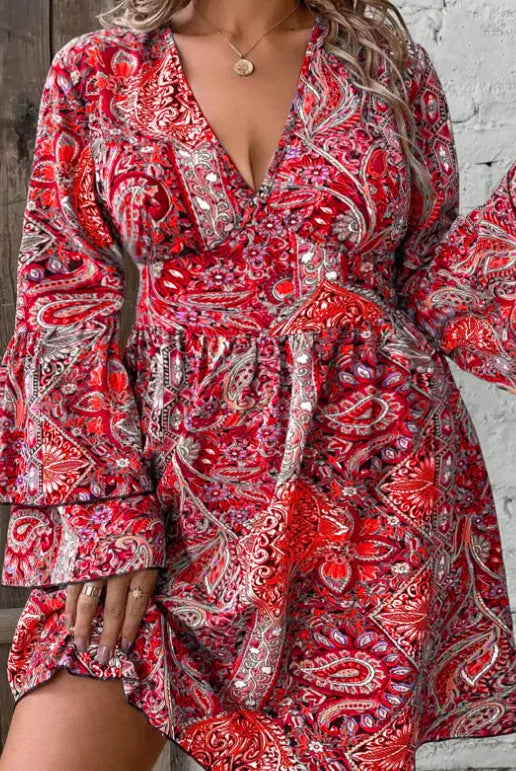 Plus size bohemian bell sleeve dress in V-neck A-line retro style for adult women