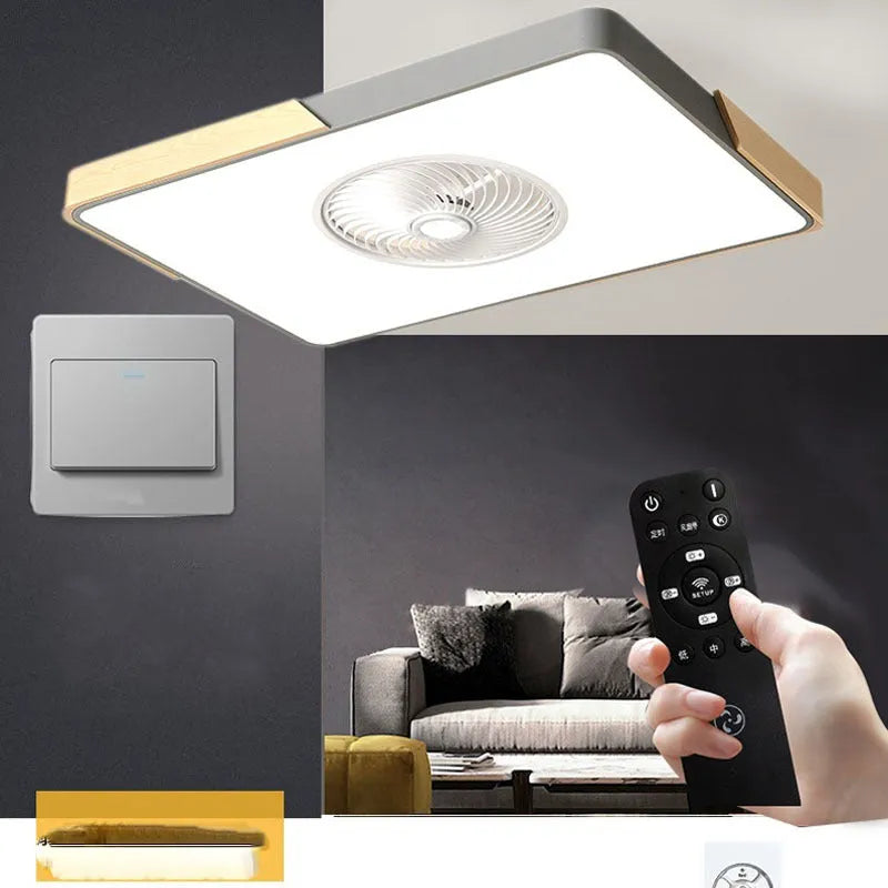 Nordic style solid wood ceiling fan with integrated PVC lampshade in rectangular, round, and square shape options