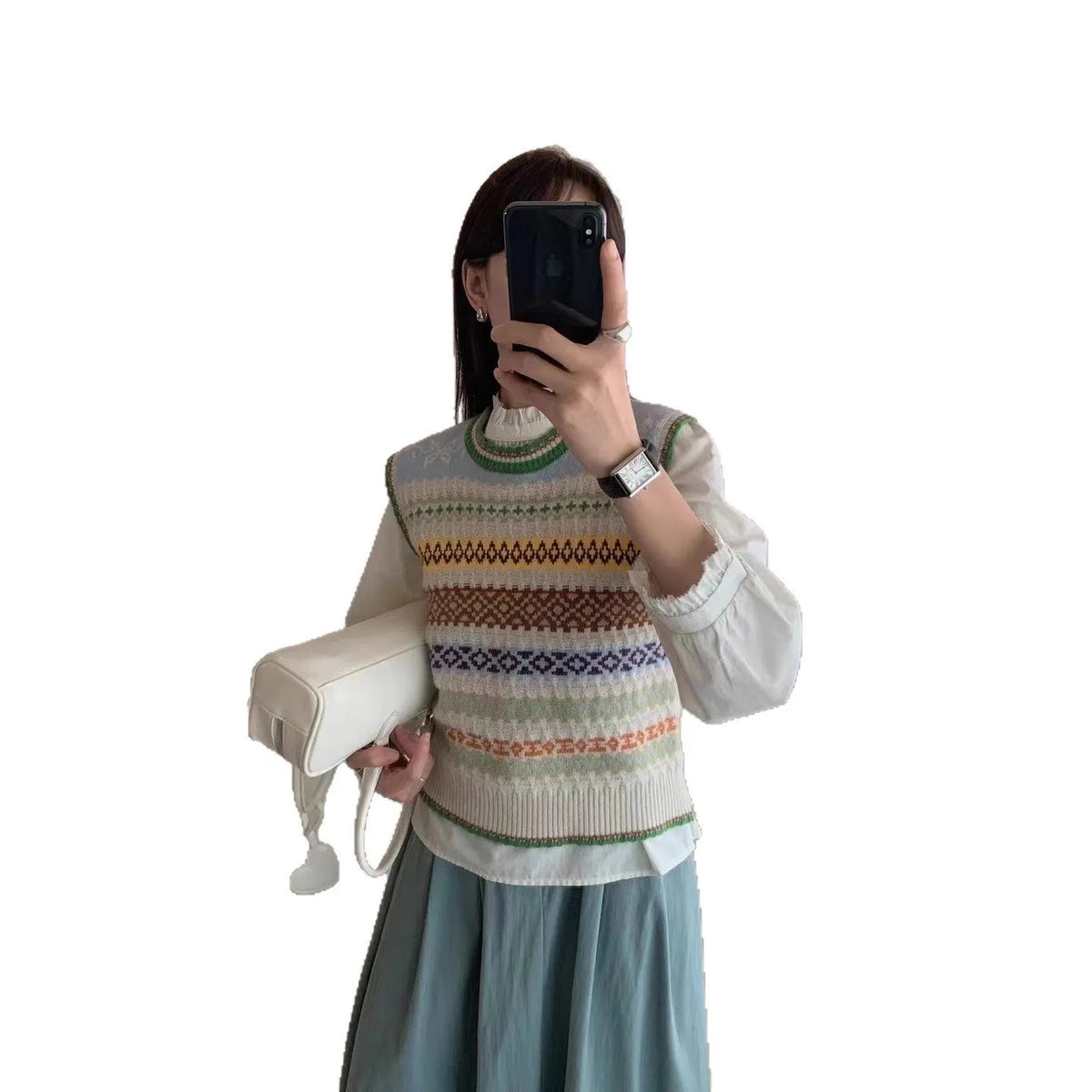 Women's loose jacquard knitted sweater pullover with retro art splicing in polyester cashmere blend