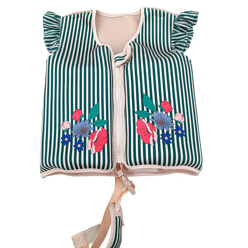 Children's foam swim vest in buoyancy vest pink strawberry colour, flower print pattern, nylon construction for swimming auxiliary