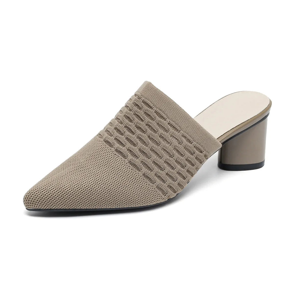 Women's pointed-toe sandals with toe cap bracket, 5cm chunky heel, fabric upper in fishing line colours on rubber sole.