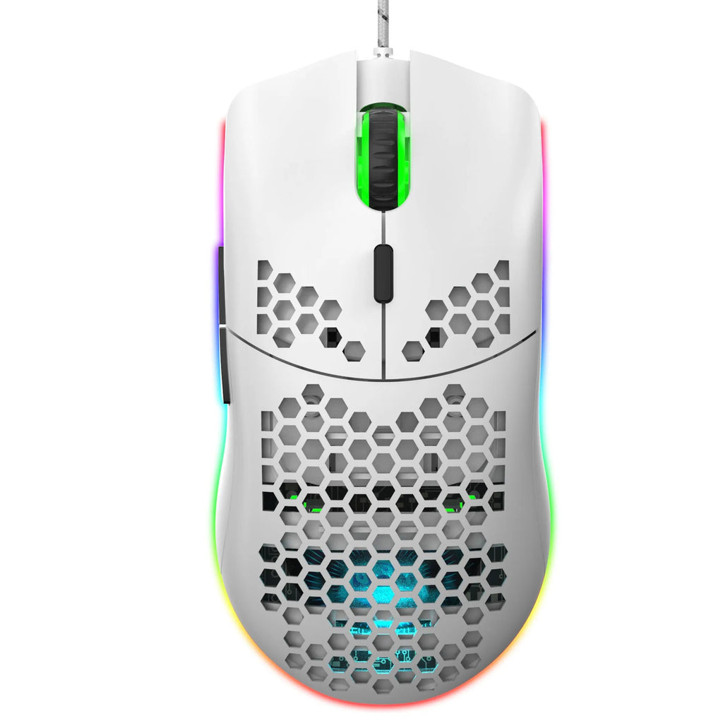 J900 lightweight honeycomb shell wired RGB gaming mouse in black with 6 programmable buttons and 150cm USB cable