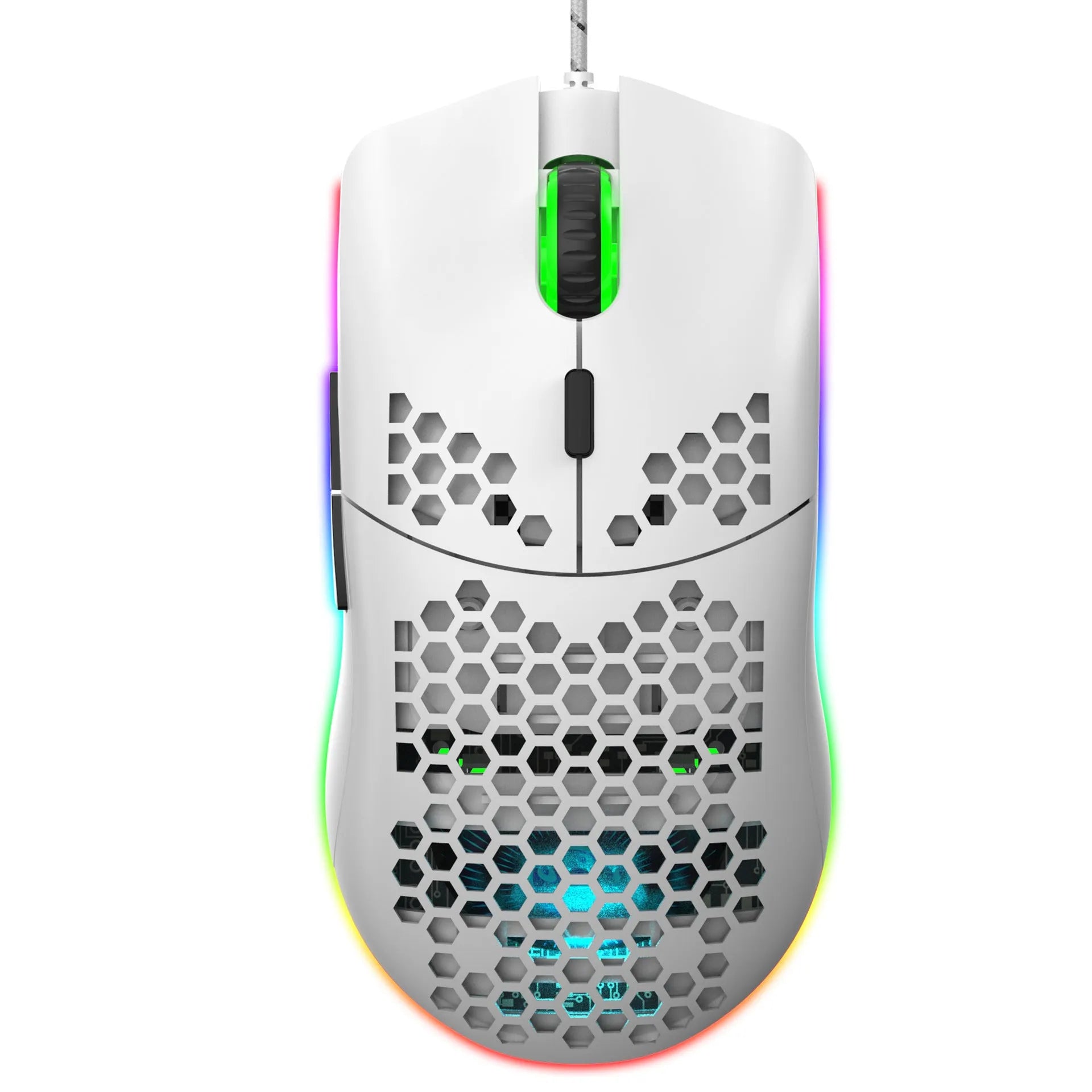 J900 lightweight honeycomb shell wired RGB gaming mouse in black with 6 programmable buttons and 150cm USB cable