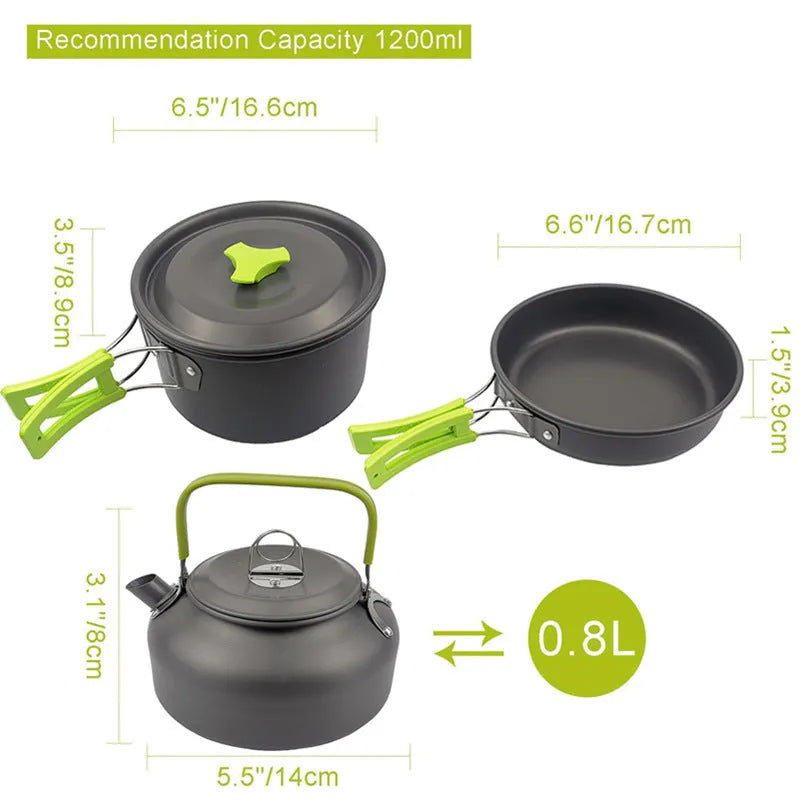 Folding camping pot set for 2-3 people in aluminium alloy, shown as a portable mini cookware kit in green, black, or orange.