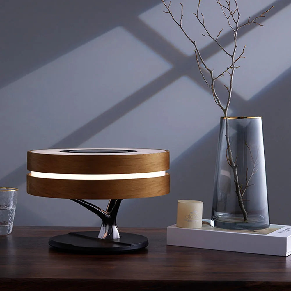 Round intelligent music Bluetooth speaker bed lamp with WiFi and wireless charging in maple brown