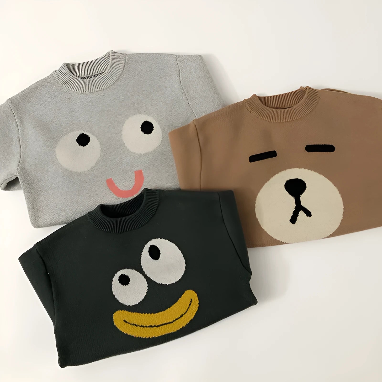 Children's cotton knit pullover sweater in camel colour with cartoon pattern, long sleeves, size 80-130cm