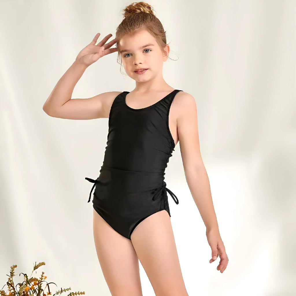 Black girls' swimsuit with pleated tie detail, briefs style, polyester spandex, sizes 130-160