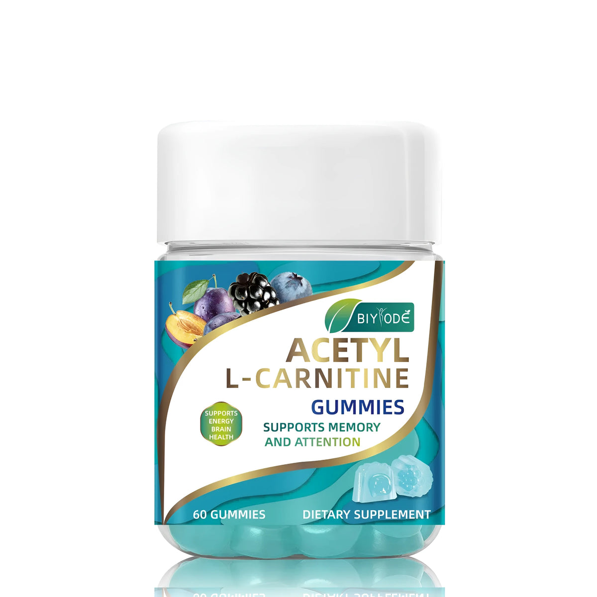 Bottle of acetyl L-carnitine gummies, mixed fruit flavour, 60 gummies per bottle, brain wellness supplement