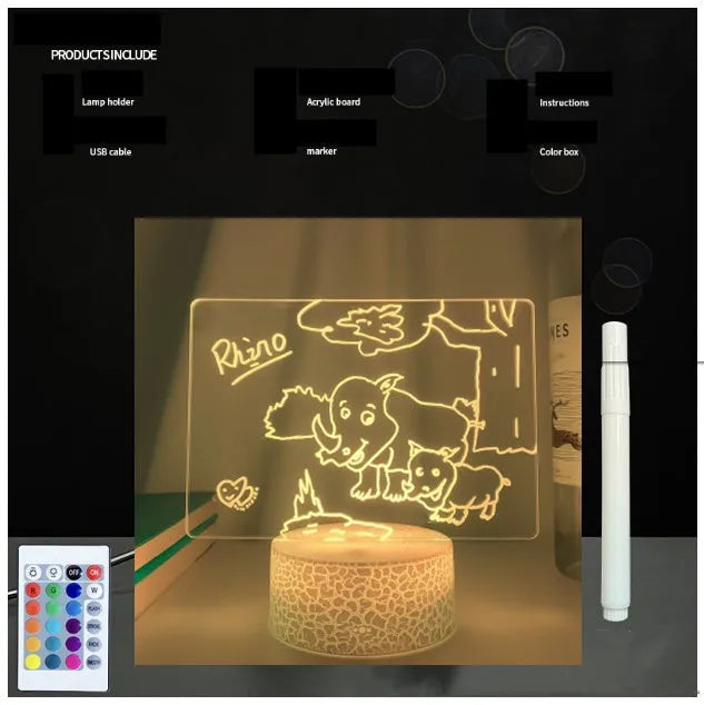 Black crack finish acrylic message board LED night light with remote control and stylus on desk