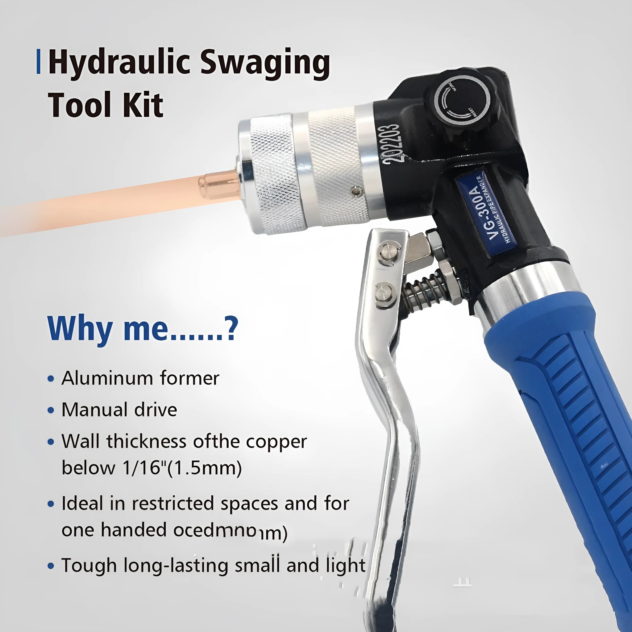 VG-300 style hydraulic tube expansion tool for refrigeration systems made from alloy steel.