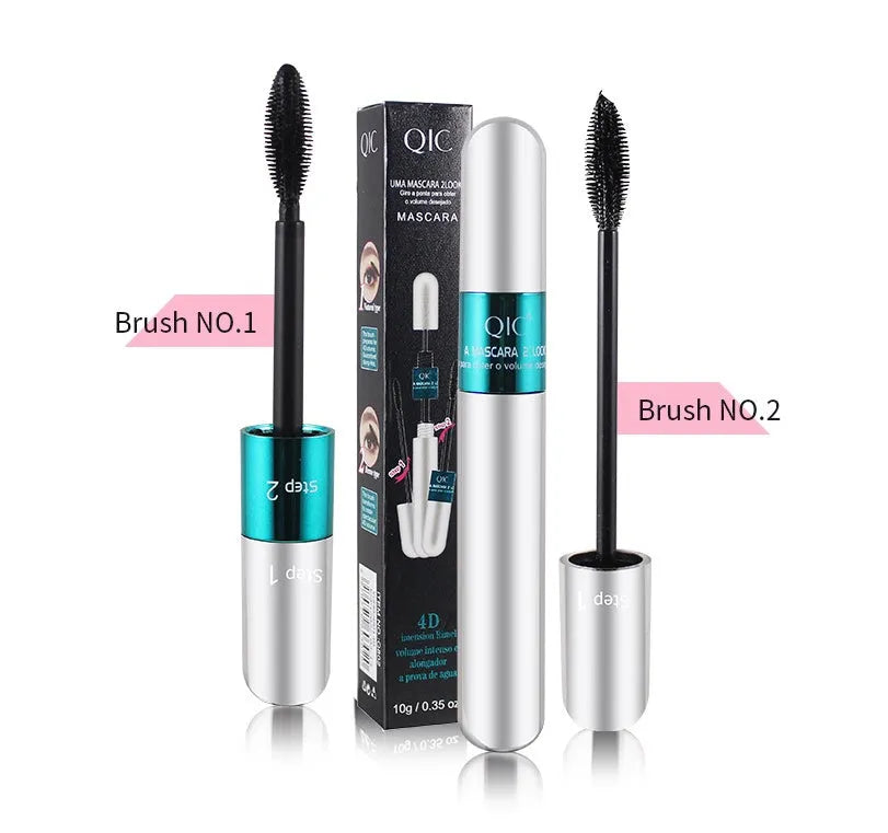 Two-in-one double mascara in silver packaging, volumising and lengthening formula, waterproof and smudge-resistant