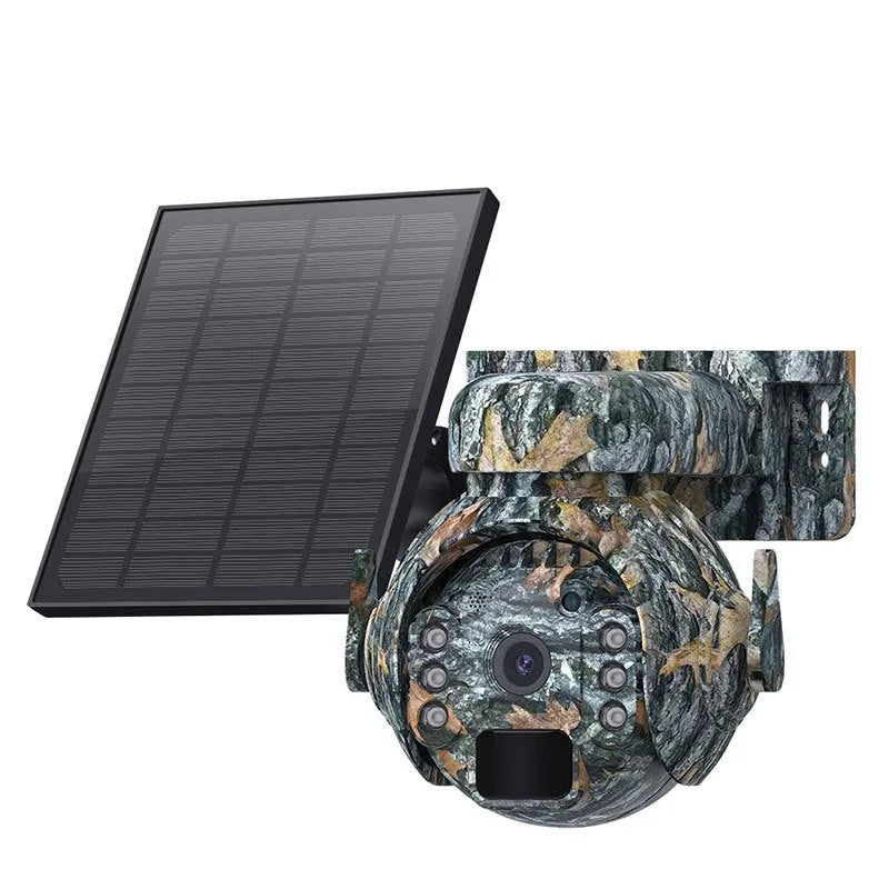 Solar security camera in camouflage finish with solar panel and lens visible