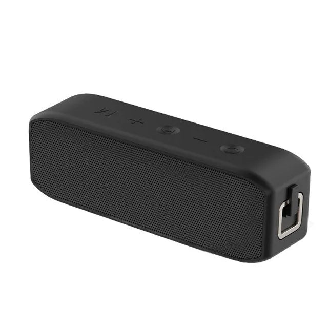 Black waterproof Bluetooth speaker with control buttons and USB interface