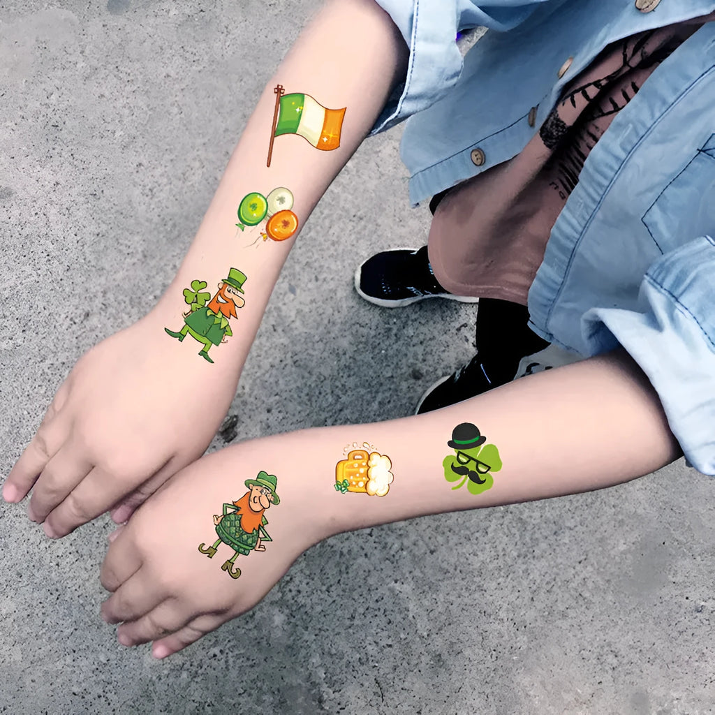 Temporary tattoo stickers with Irish festival flag designs for children, sized 120x75mm with St. Patrick's Day clover motif