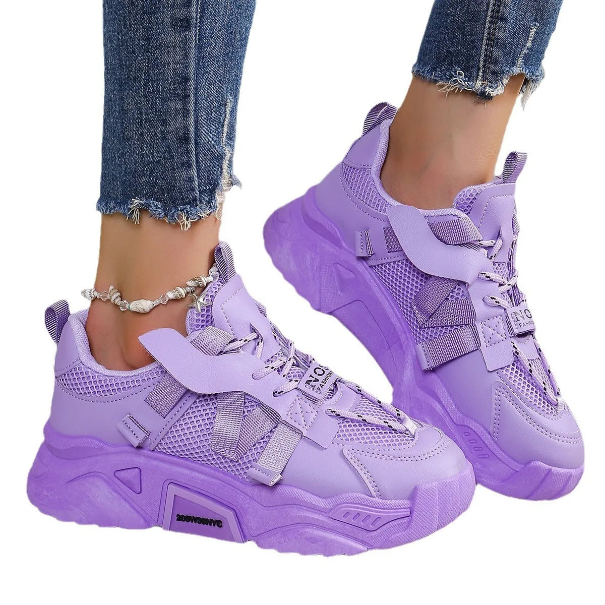 Women's platform mesh sports shoes in purple, green, white, pink and yellow colours with front lace-up design