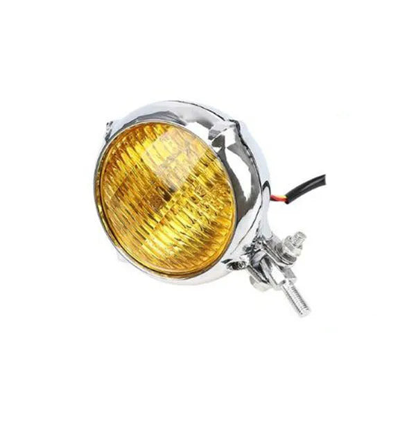 Harley-style retro headlight in electroplated black with 8 cm circular glass lens.