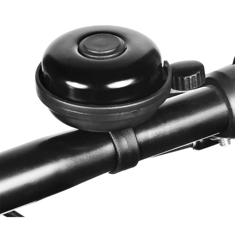 Black 58mm bicycle bell with mountain bike mounting fixture for handlebars