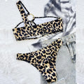 Women's hollow leopard print polka dot nylon bikini set with top and shorts, available in S M L sizes