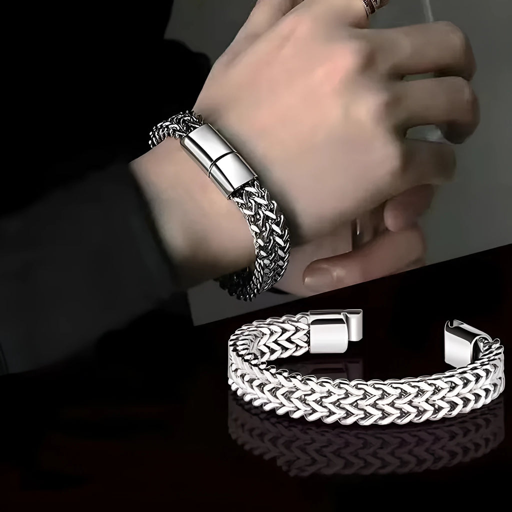 Silver geometric stainless steel bracelet with front and back hip hop design details