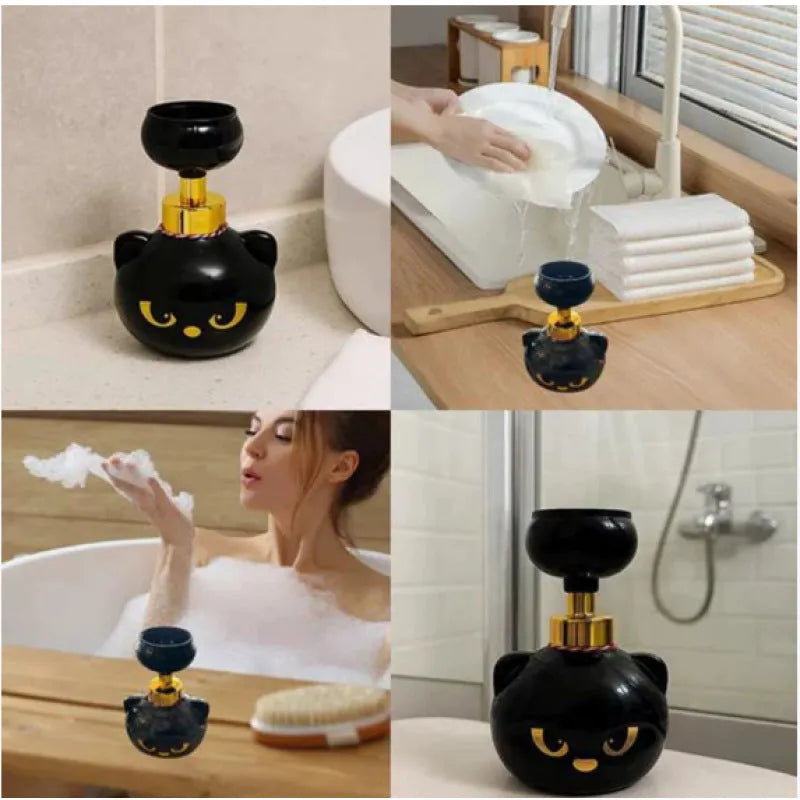 Black cartoon cat shaped foam soap dispenser with manual pump, 10x10x18cm plastic bathroom accessory