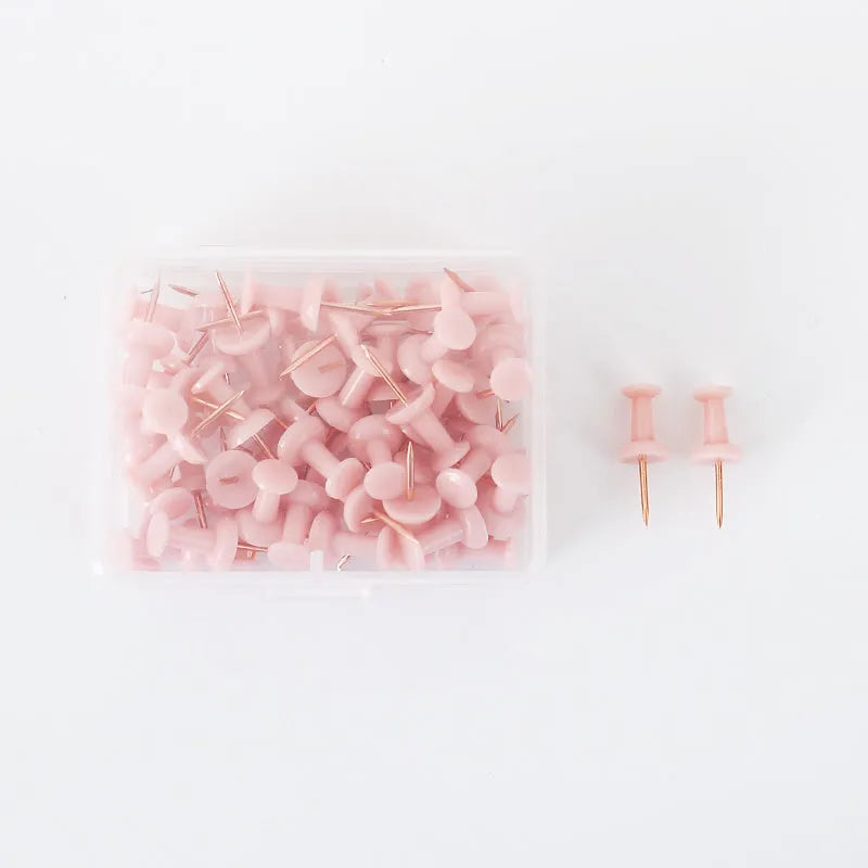 Morandi colour push pins set of 50 with three different pin head designs on cork board