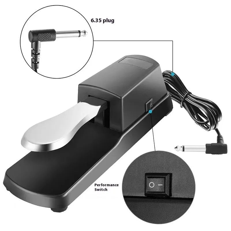 Black universal sustain pedal for electronic keyboards and MIDI controllers