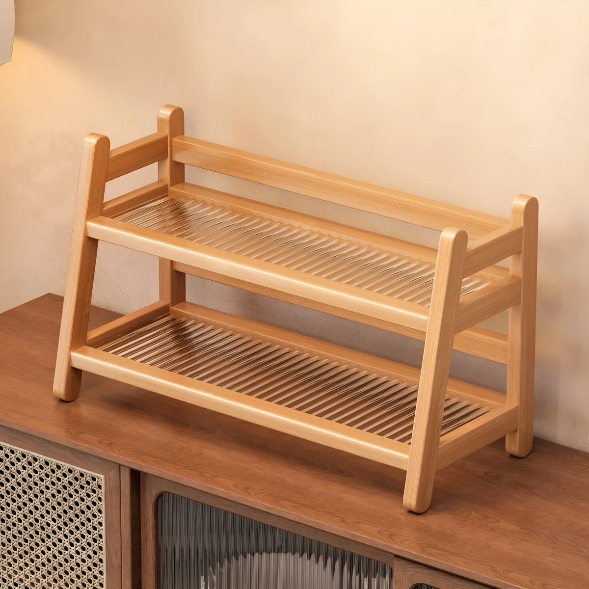 Bamboo acrylic desktop tea cup storage rack, 3-layer 39-cup, brown colour, on a wooden desk with teacups visible