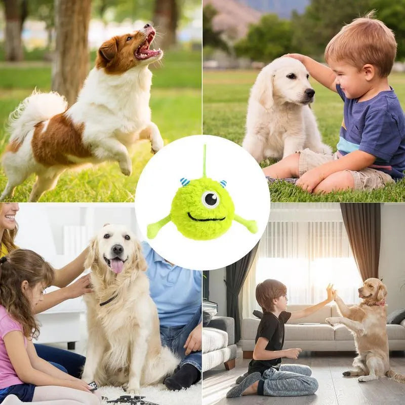 Green interactive dog toy ball with sound activation for puppy teething and dental care